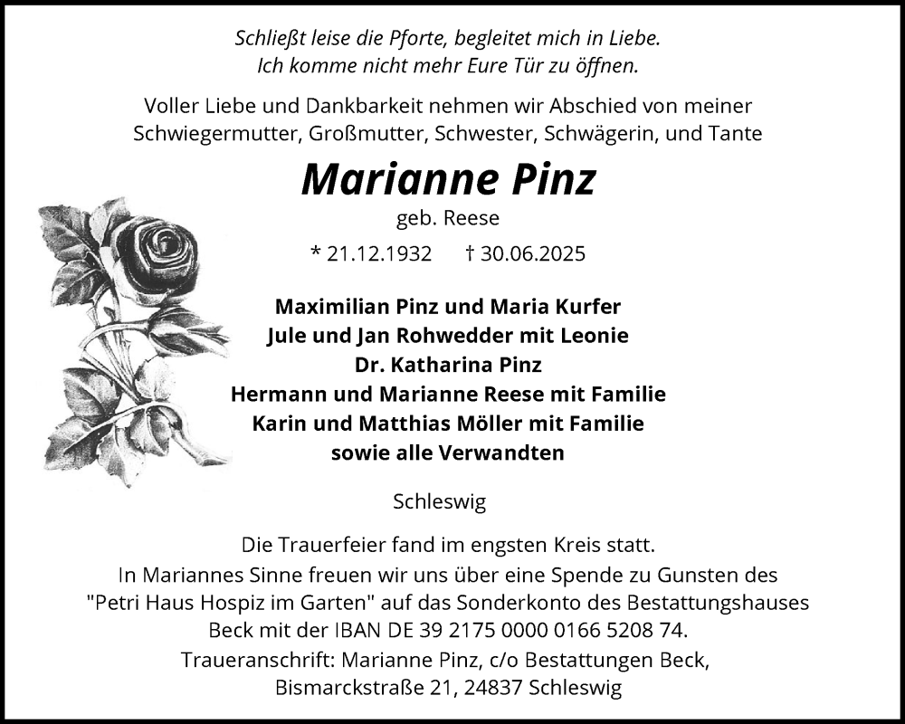  Traueranzeige für Marianne Pinz vom 09.08.2025 aus Schleswiger Nachrichten, Schlei-Bote