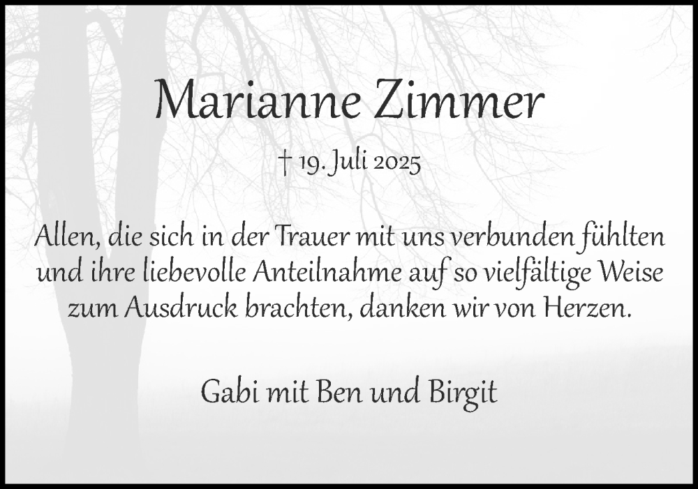  Traueranzeige für Marianne Zimmer vom 23.08.2025 aus Region Pinneberg und tip Pinneberg