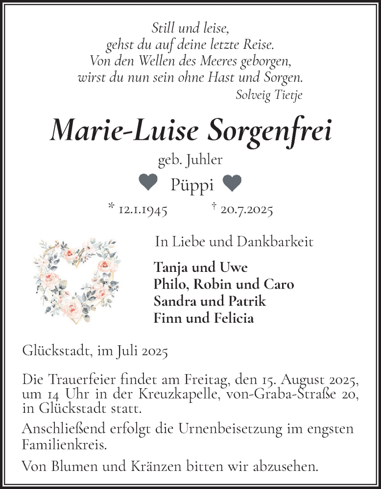  Traueranzeige für Marie-Luise Sorgenfrei vom 09.08.2025 aus Norddeutsche Rundschau, Wilstersche Zeitung, Glückstädter Fortuna