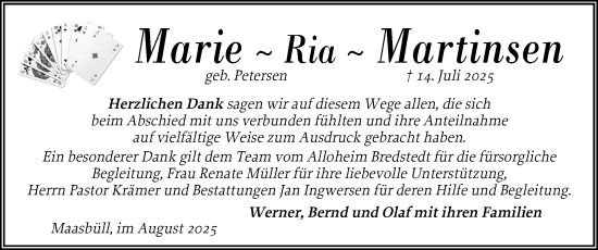 Traueranzeige von Marie Ria Martinsen von Husumer Nachrichten, Nordfriesland Tageblatt