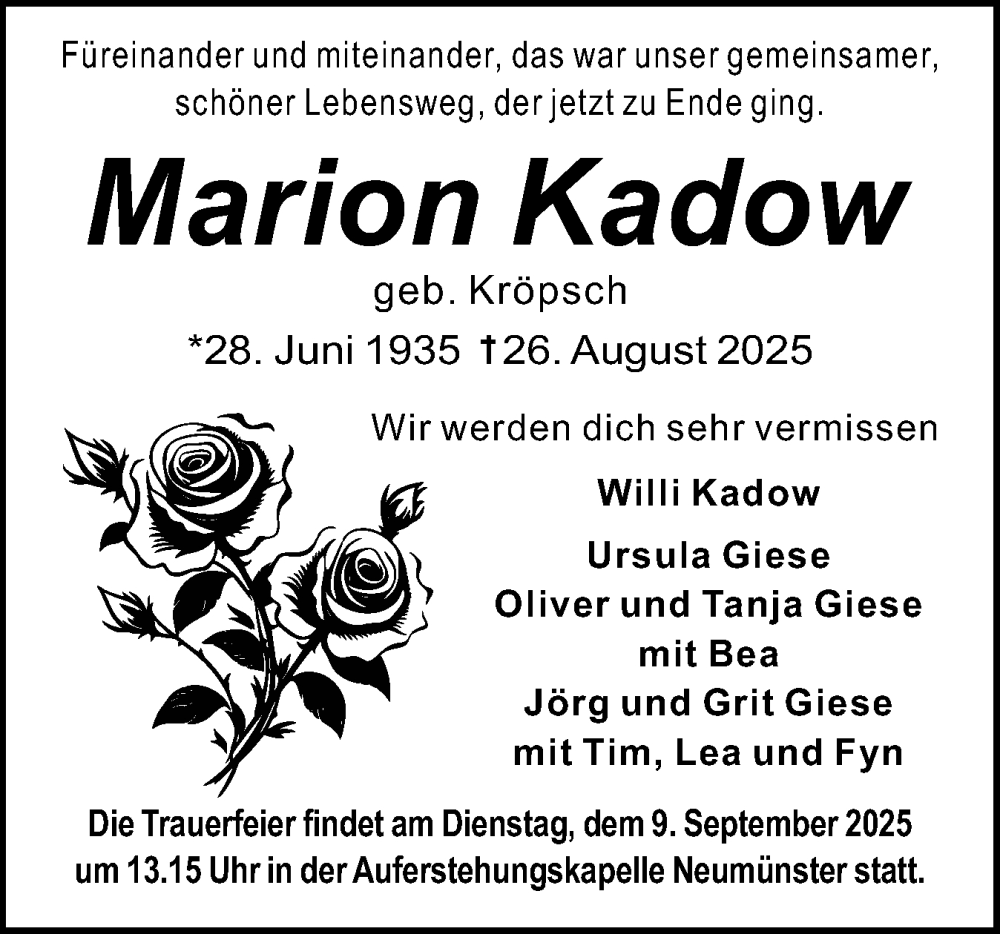  Traueranzeige für Marion Kadow vom 30.08.2025 aus Holsteinischer Courier
