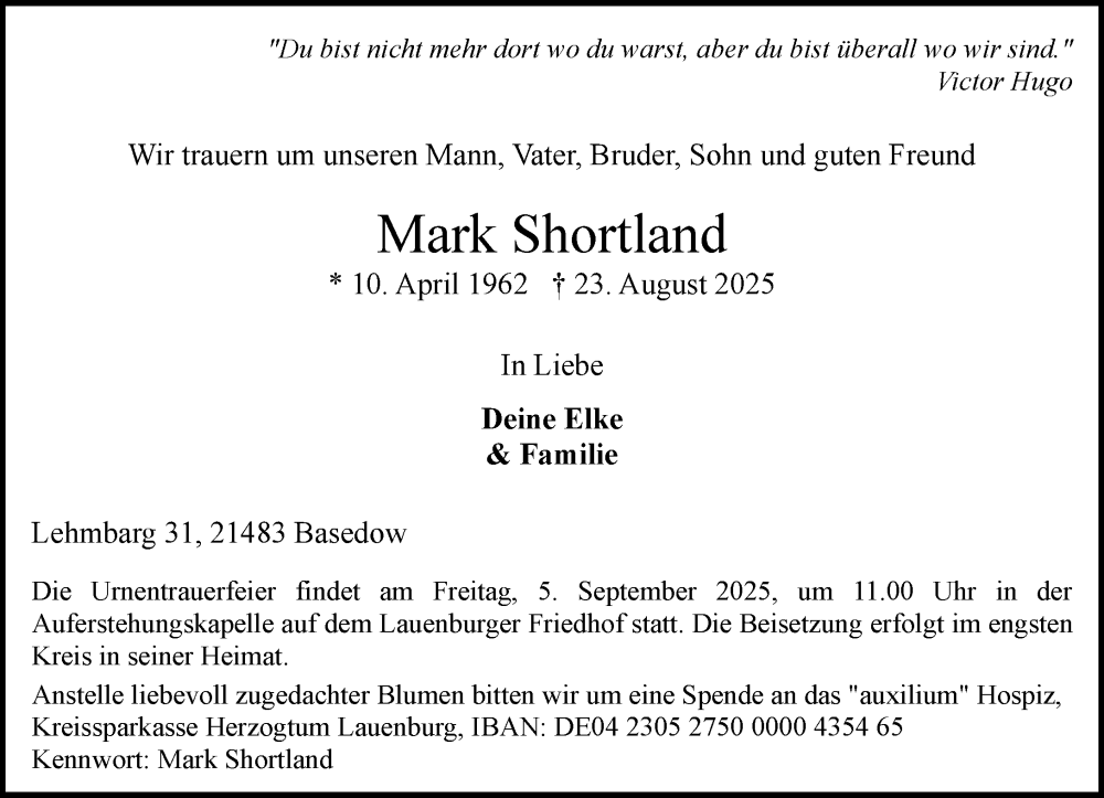  Traueranzeige für Mark Shortland vom 30.08.2025 aus Wochenend Anzeiger
