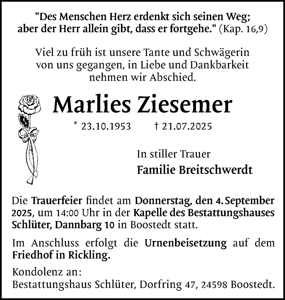  Traueranzeige für Marlies Ziesemer vom 09.08.2025 aus Holsteinischer Courier