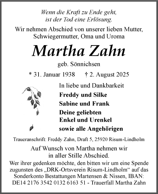 Traueranzeige von Martha Zahn von Husumer Nachrichten, Nordfriesland Tageblatt