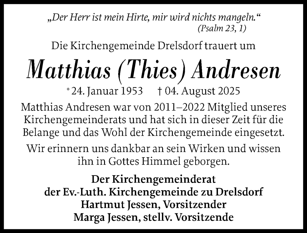  Traueranzeige für Matthias Andresen vom 22.08.2025 aus Husumer Nachrichten, Nordfriesland Tageblatt