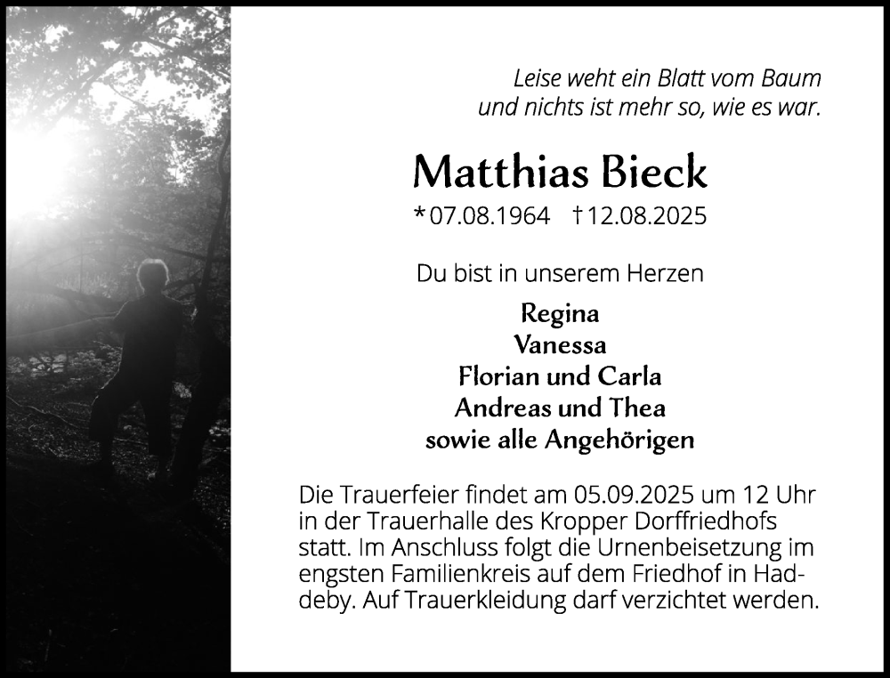  Traueranzeige für Matthias Bieck vom 30.08.2025 aus Schleswiger Nachrichten, Schlei-Bote