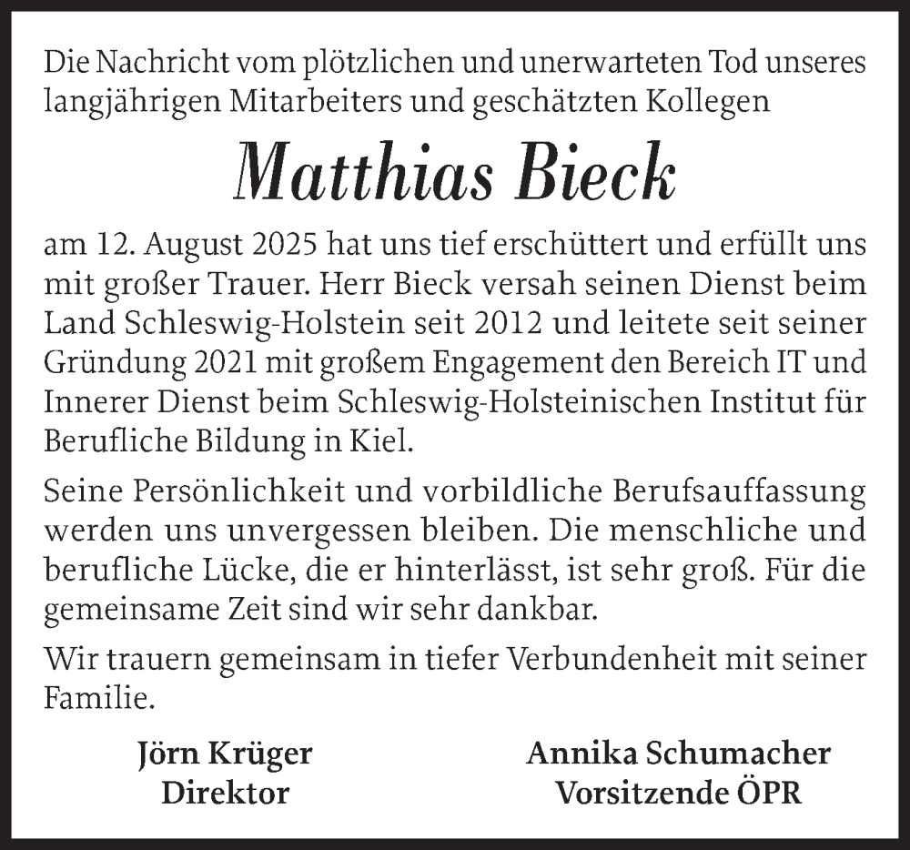  Traueranzeige für Matthias Bieck vom 30.08.2025 aus Schleswiger Nachrichten, Schlei-Bote