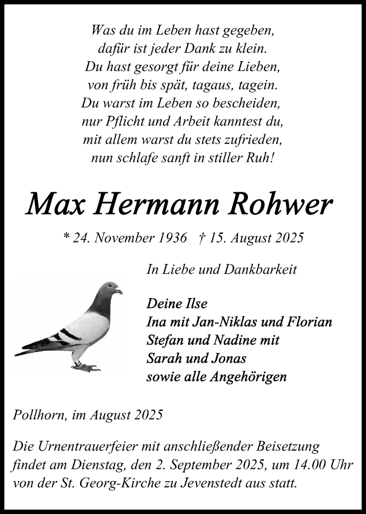 Traueranzeige für Max Hermann Rohwer vom 23.08.2025 aus Schleswig-Holsteinische Landeszeitung