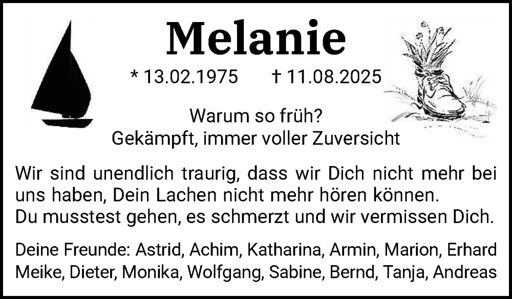 Traueranzeige für Melanie  vom 23.08.2025 aus Eckernförder Zeitung, Hallo Eckernförde