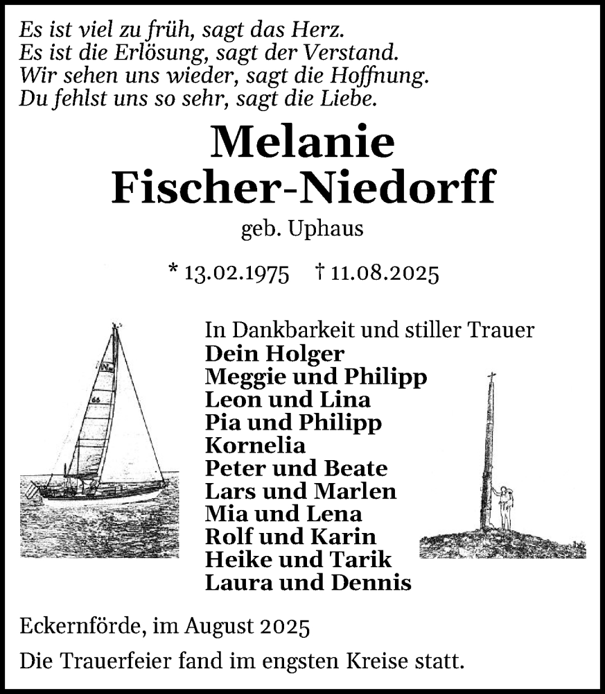  Traueranzeige für Melanie Fischer-Niedorff vom 23.08.2025 aus Eckernförder Zeitung, Hallo Eckernförde