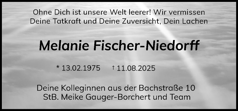  Traueranzeige für Melanie Fischer-Niedorff vom 23.08.2025 aus Eckernförder Zeitung, Hallo Eckernförde