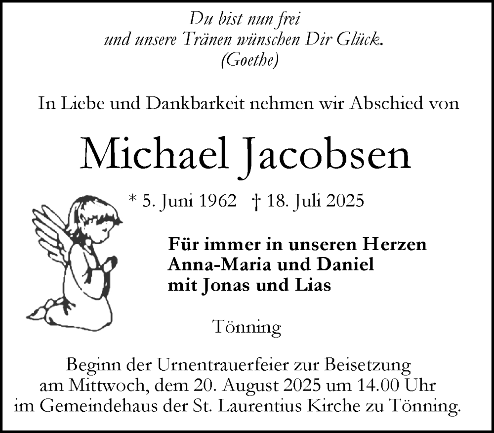  Traueranzeige für Michael Jacobsen vom 18.08.2025 aus Husumer Nachrichten, Nordfriesland Tageblatt
