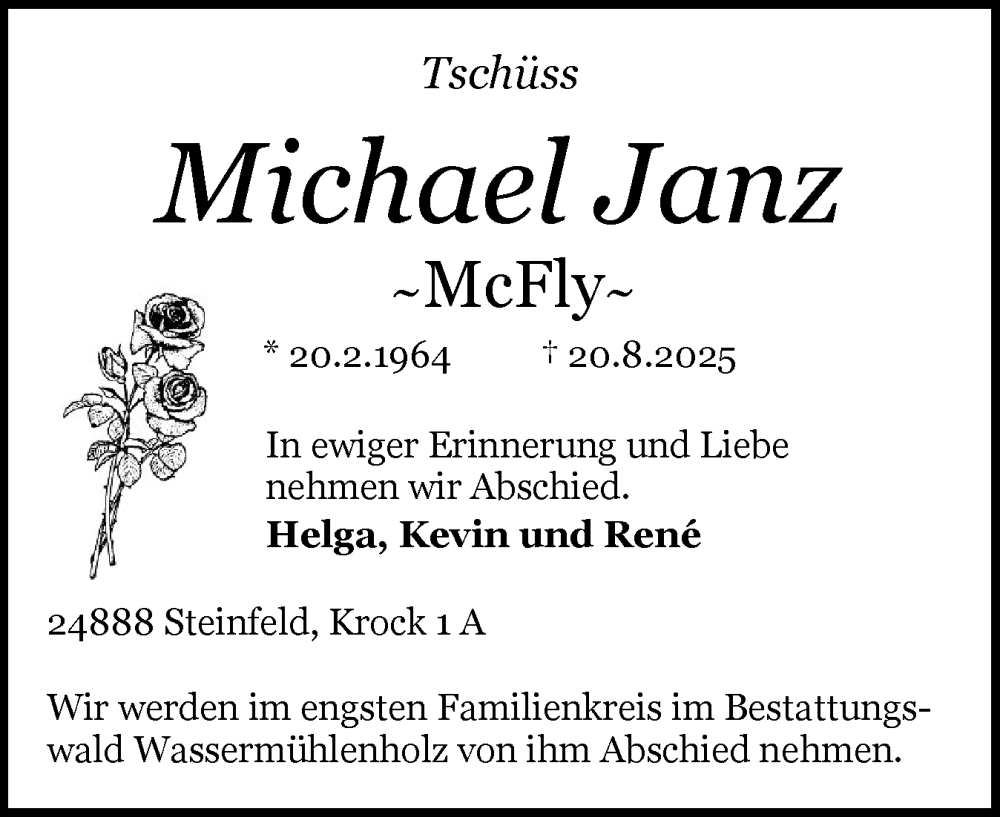  Traueranzeige für Michael Janz vom 26.08.2025 aus Schleswiger Nachrichten, Schlei-Bote