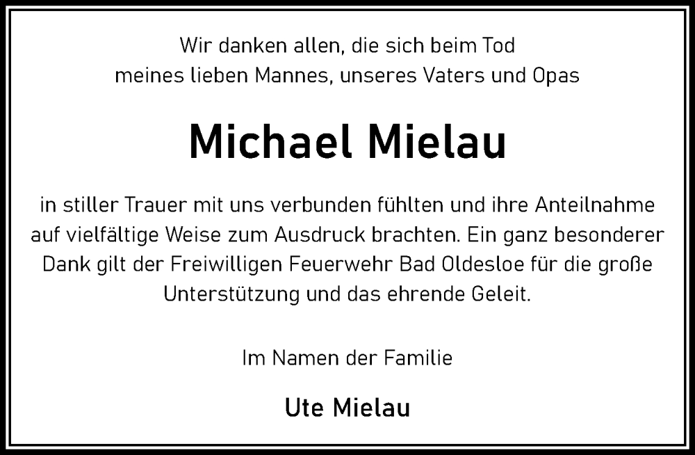  Traueranzeige für Michael Mielau vom 09.08.2025 aus MARKT Bad Oldesloe/Reinfeld und Stormarner Tageblatt