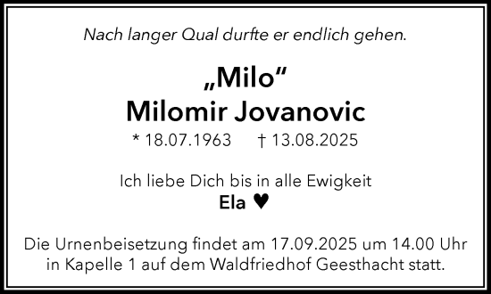 Traueranzeige von Milomir Jovanovic von Wochenend Anzeiger