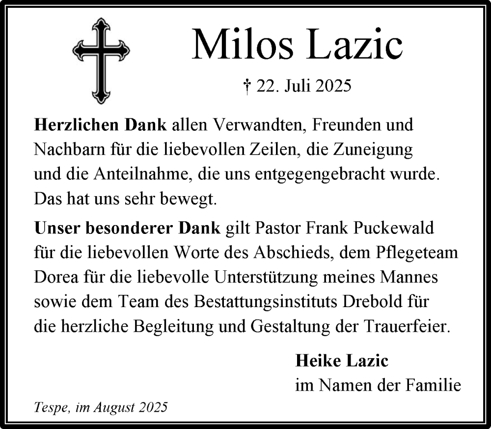  Traueranzeige für Milos Lazic vom 30.08.2025 aus Wochenend Anzeiger