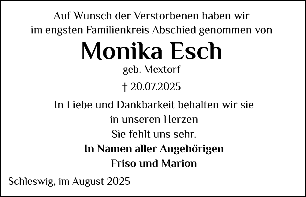  Traueranzeige für Monika Esch vom 09.08.2025 aus Schleswiger Nachrichten, Schlei-Bote