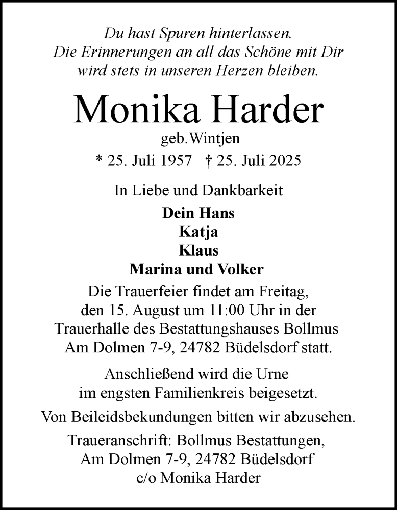  Traueranzeige für Monika Harder vom 09.08.2025 aus Schleswig-Holsteinische Landeszeitung