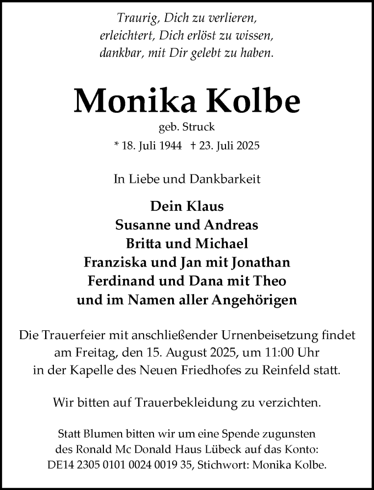  Traueranzeige für Monika Kolbe vom 02.08.2025 aus MARKT Bad Oldesloe/Reinfeld und Stormarner Tageblatt