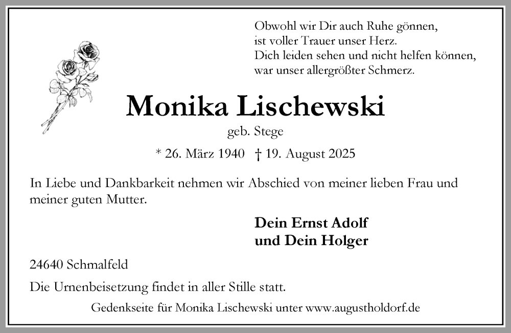  Traueranzeige für Monika Lischewski vom 30.08.2025 aus Umschau