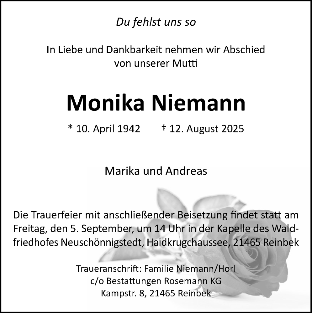  Traueranzeige für Monika Niemann vom 23.08.2025 aus MARKT Glinde/Reinbek