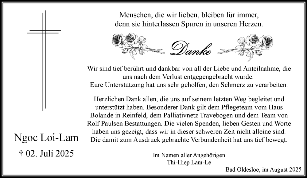  Traueranzeige für Ngoc Loi-Lam vom 09.08.2025 aus MARKT Bad Oldesloe/Reinfeld und Stormarner Tageblatt