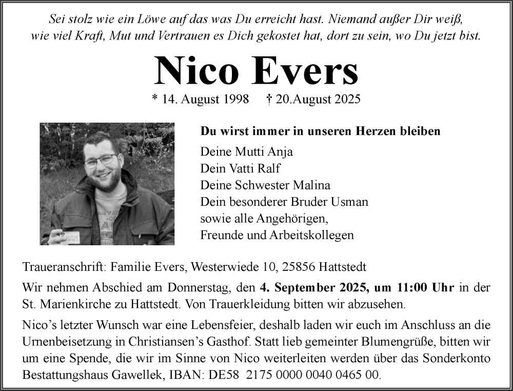  Traueranzeige für Nico Evers vom 30.08.2025 aus Husumer Nachrichten, Nordfriesland Tageblatt