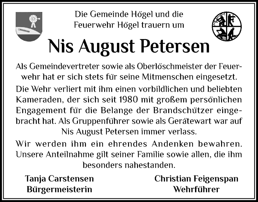  Traueranzeige für Nis August Petersen vom 01.09.2025 aus Husumer Nachrichten, Nordfriesland Tageblatt