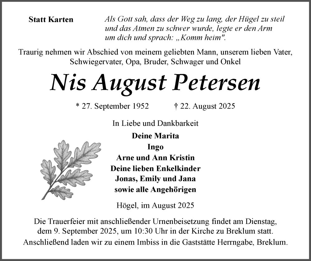  Traueranzeige für Nis August Petersen vom 30.08.2025 aus Husumer Nachrichten, Nordfriesland Tageblatt