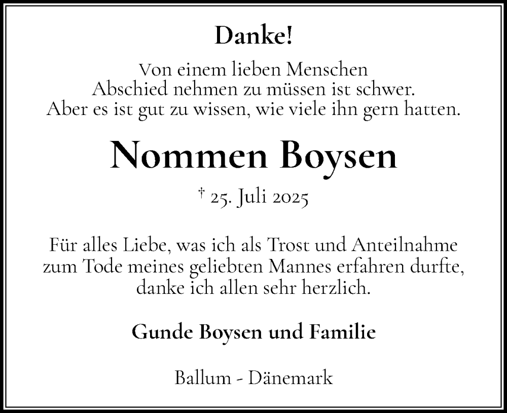  Traueranzeige für Nommen Boysen vom 16.08.2025 aus Husumer Nachrichten, Nordfriesland Tageblatt