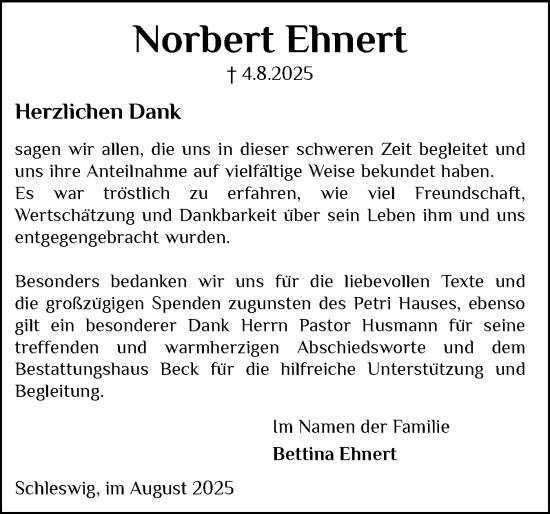 Traueranzeige von Norbert Ehnert von Schleswiger Nachrichten, Schlei-Bote