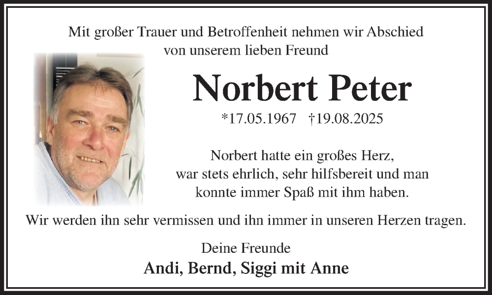  Traueranzeige für Norbert Peter vom 30.08.2025 aus Wochenend Anzeiger