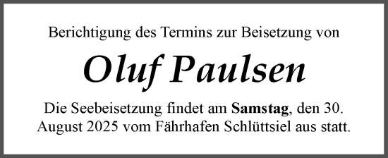 Traueranzeige von Oluf Paulsen von Husumer Nachrichten, Nordfriesland Tageblatt
