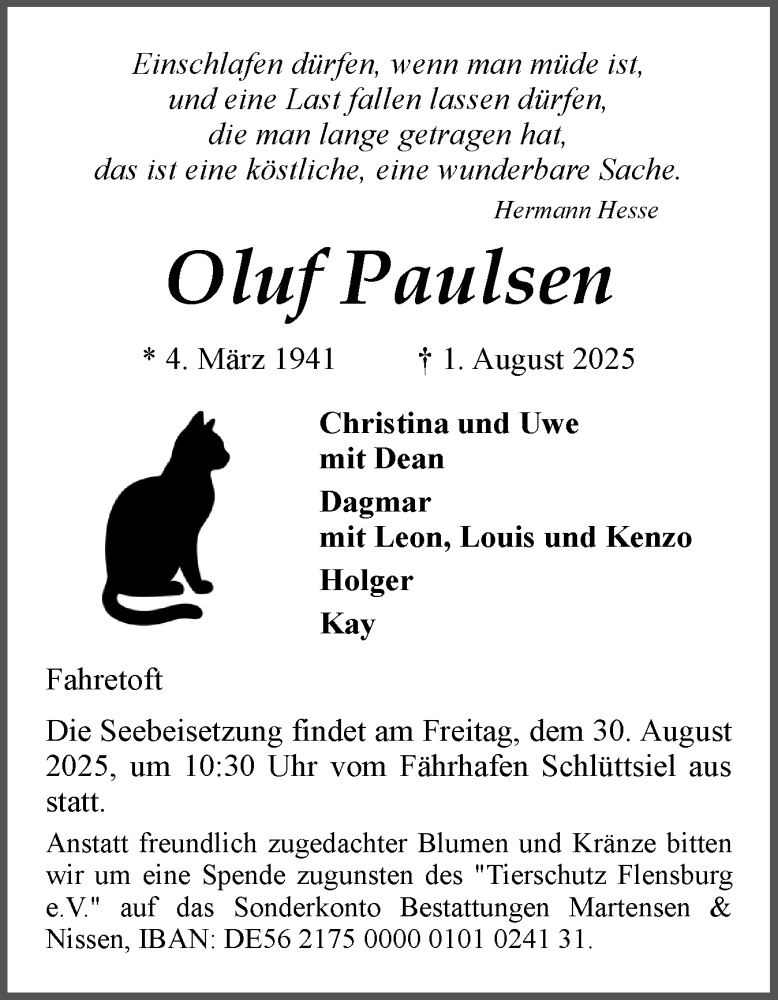  Traueranzeige für Oluf Paulsen vom 16.08.2025 aus Husumer Nachrichten, Nordfriesland Tageblatt