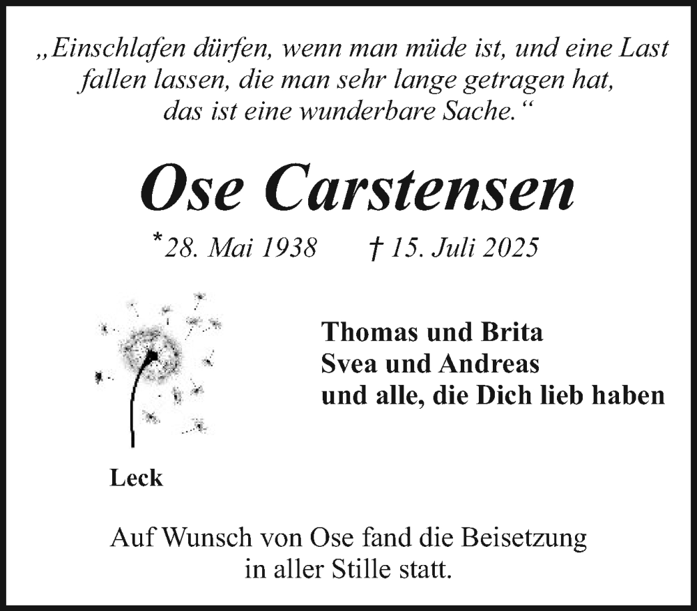  Traueranzeige für Ose Carstensen vom 02.08.2025 aus Husumer Nachrichten, Nordfriesland Tageblatt