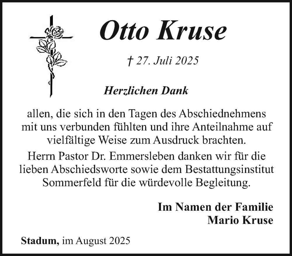  Traueranzeige für Otto Kruse vom 16.08.2025 aus Husumer Nachrichten, Nordfriesland Tageblatt