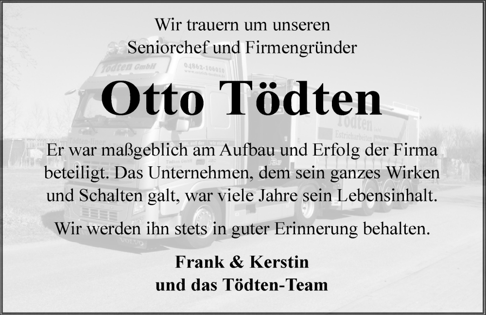  Traueranzeige für Otto Tödten vom 02.08.2025 aus Husumer Nachrichten, Nordfriesland Tageblatt