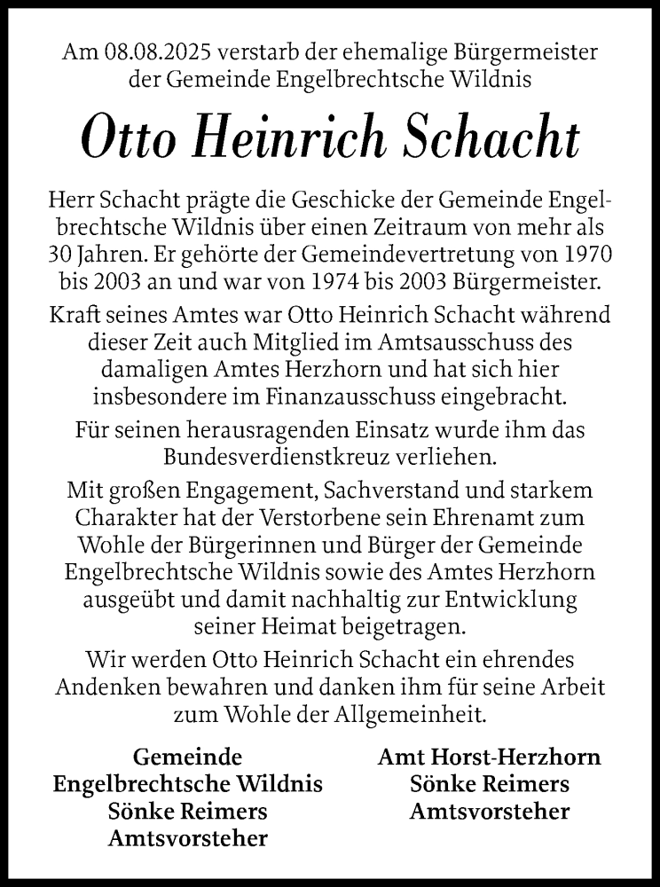  Traueranzeige für Otto Heinrich Schacht vom 23.08.2025 aus Norddeutsche Rundschau, Wilstersche Zeitung, Glückstädter Fortuna