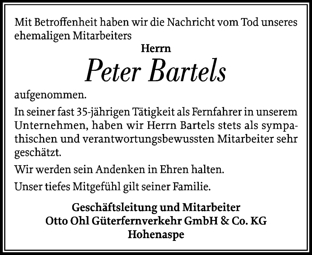  Traueranzeige für Peter Bartels vom 23.08.2025 aus Norddeutsche Rundschau, Wilstersche Zeitung, Glückstädter Fortuna