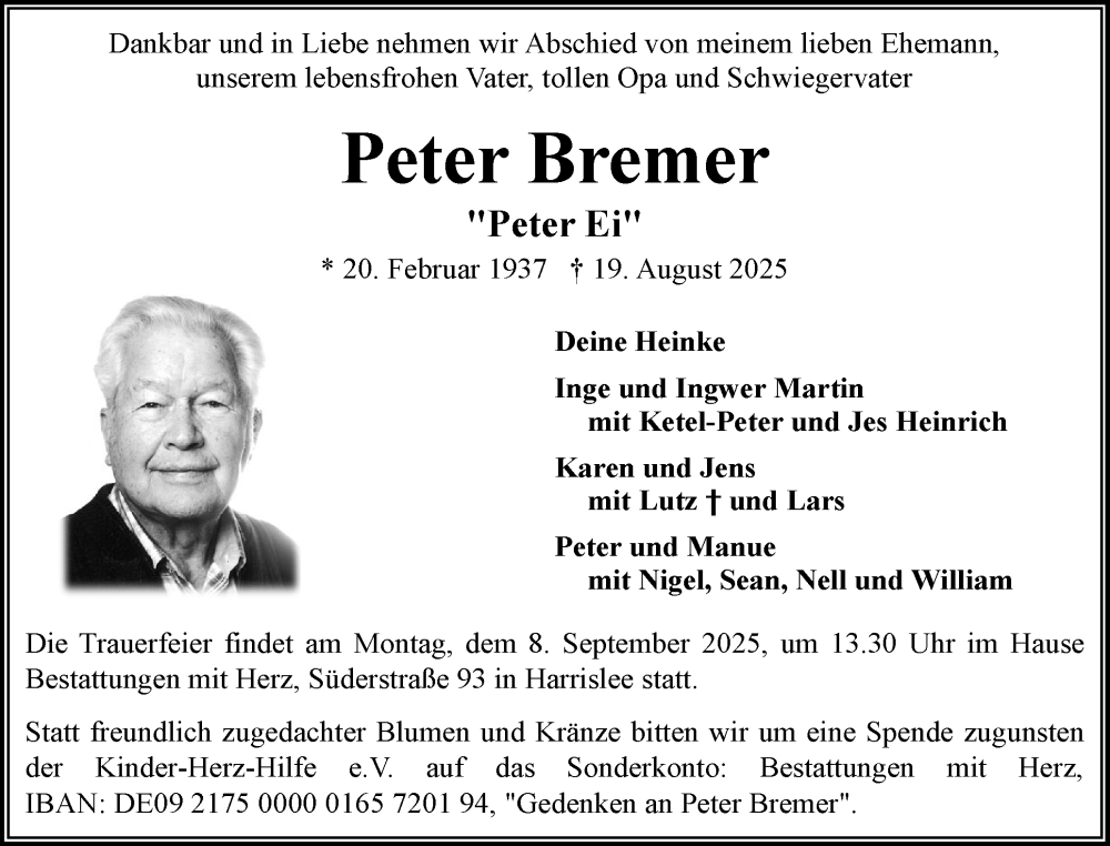  Traueranzeige für Peter Bremer vom 23.08.2025 aus Flensburger Tageblatt