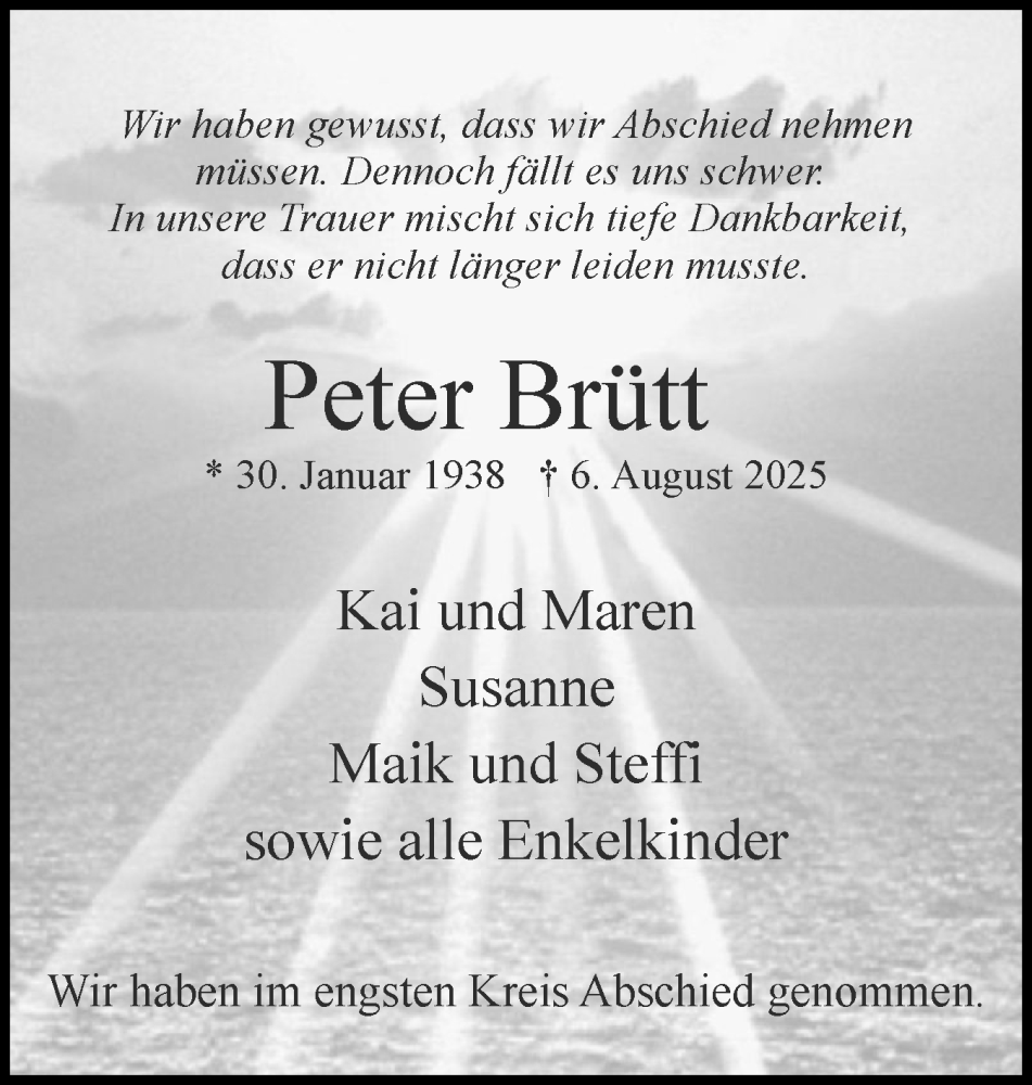  Traueranzeige für Peter Brütt vom 30.08.2025 aus Uetersener Nachrichten, Der tip am Wochenende