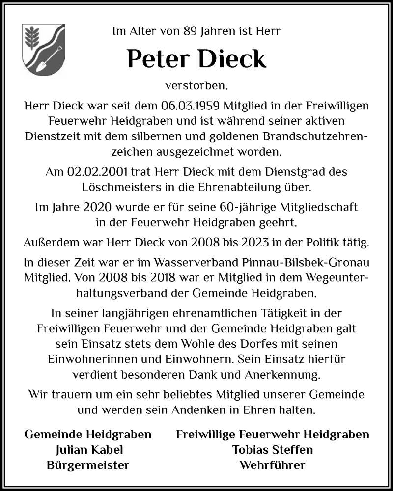  Traueranzeige für Peter Dieck vom 23.08.2025 aus Uetersener Nachrichten, Der tip am Wochenende