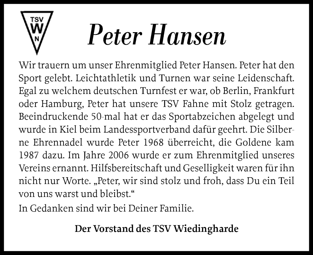  Traueranzeige für Peter Hansen vom 15.08.2025 aus Husumer Nachrichten, Nordfriesland Tageblatt