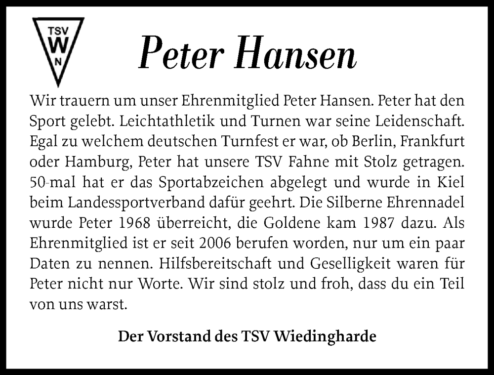  Traueranzeige für Peter Hansen vom 14.08.2025 aus Husumer Nachrichten, Nordfriesland Tageblatt