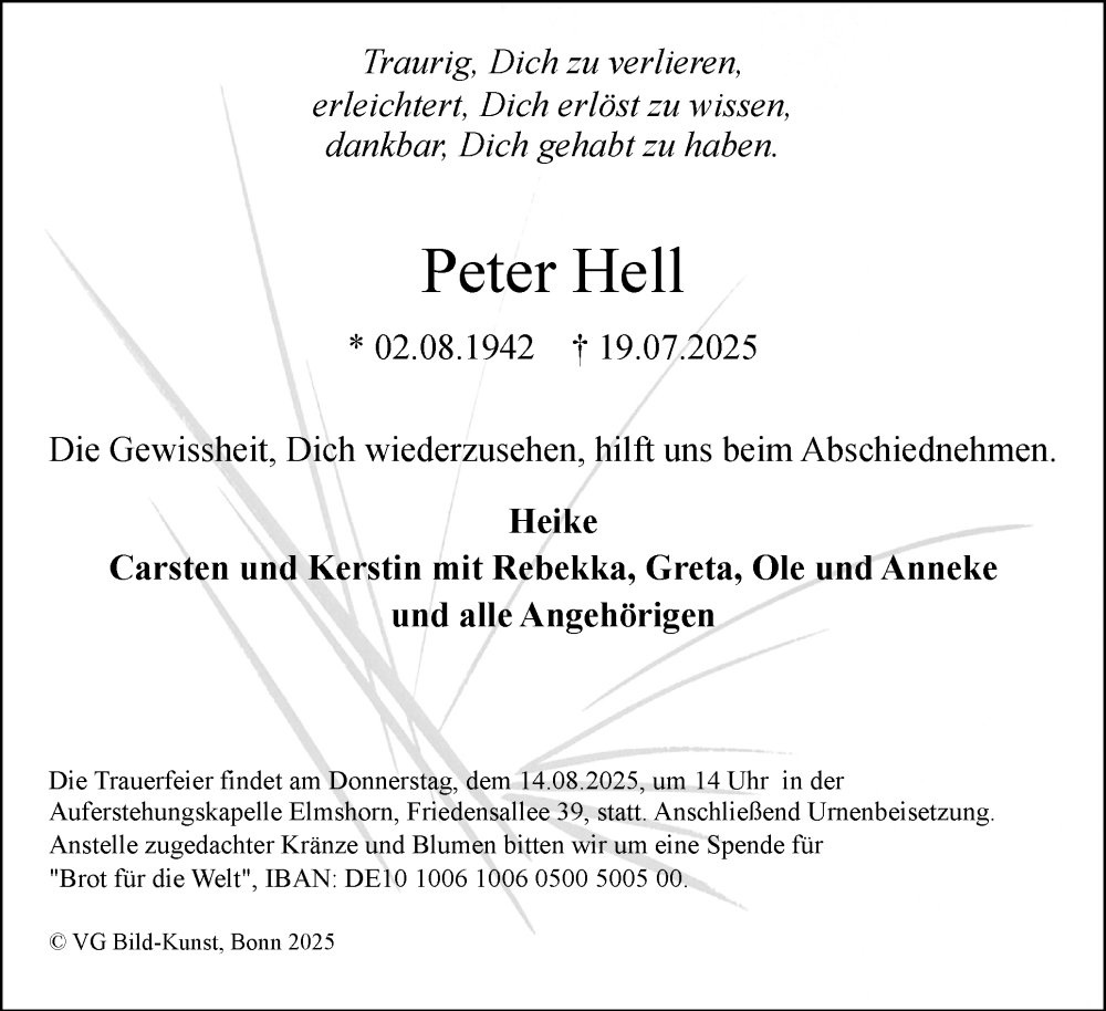  Traueranzeige für Peter Hell vom 02.08.2025 aus Elmshorner Nachrichten, Barmstedter Zeitung