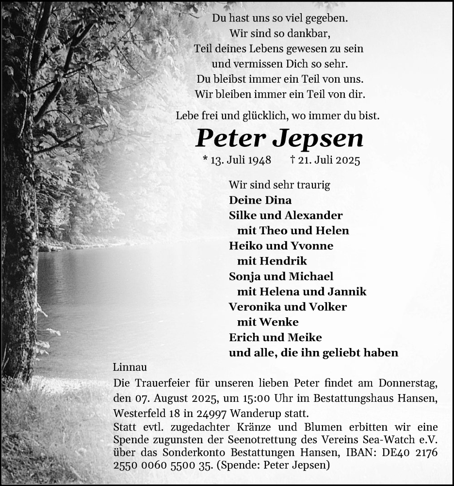  Traueranzeige für Peter Jepsen vom 02.08.2025 aus Region Flensburg