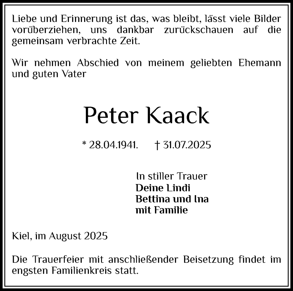  Traueranzeige für Peter Kaack vom 09.08.2025 aus Holsteinischer Courier