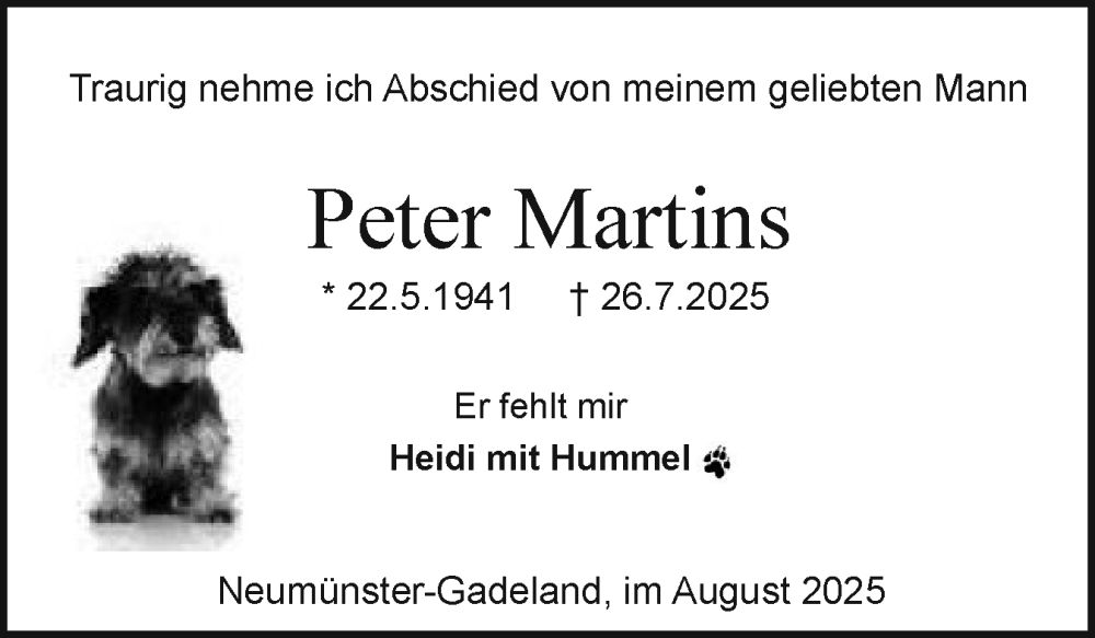  Traueranzeige für Peter Martins vom 02.08.2025 aus Holsteinischer Courier
