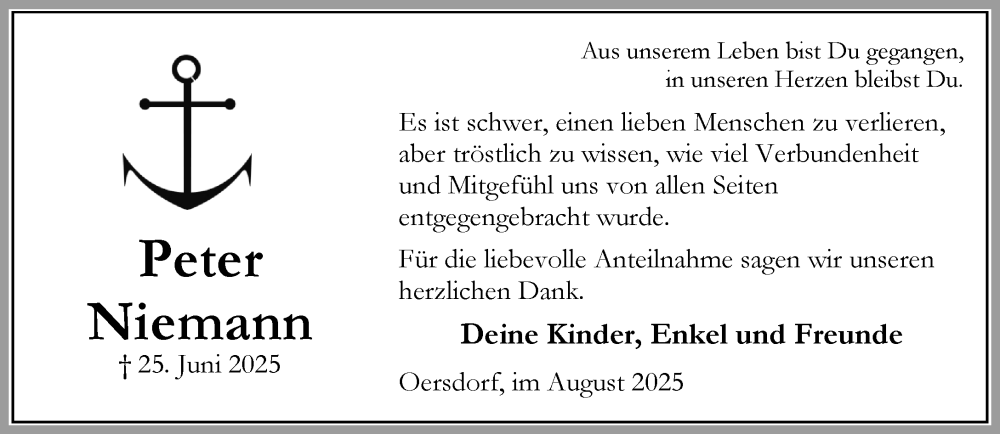 Traueranzeige für Peter Niemann vom 23.08.2025 aus Umschau