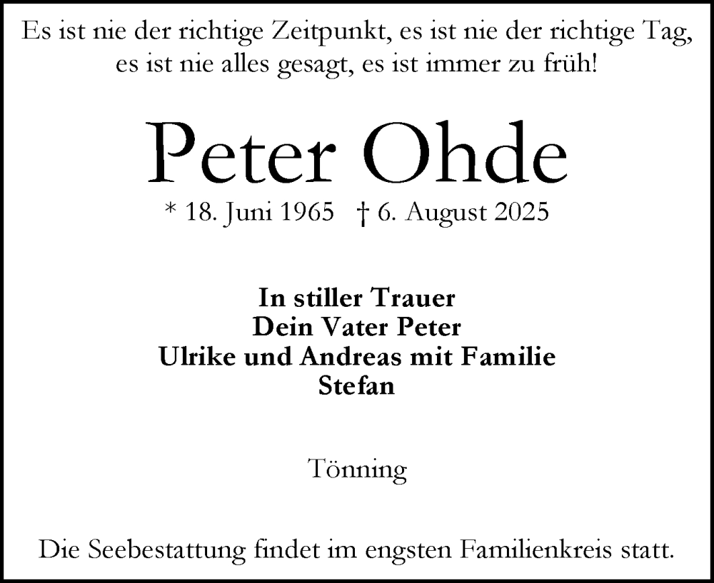  Traueranzeige für Peter Ohde vom 16.08.2025 aus Husumer Nachrichten, Nordfriesland Tageblatt